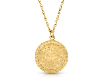 St. Christopher Coin Necklace, 14K Gold Religious Necklace, Gold Filled Medallion Necklace, Saint Charm Necklace