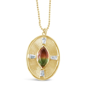 Watermelon Quartz Gemstone Necklace, Gold Oval Coin Pendant Necklace, Medallion Layering Necklace, Marquise Gold Necklace