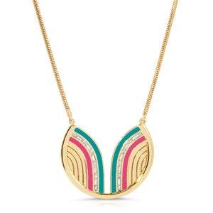 Teal and Fuchsia Enamel Necklace, Gold Necklace, Gemstone Coin Pendant, Enamel Jewelry, Colorful Layering Necklace
