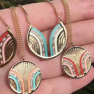 Blue and White Enamel Necklace, Gold Textured Necklace, Baguette Gemstone Circle Necklace, Enamel Pendant, Spring Trend Jewelry