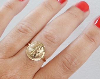 Gold Virgin Mary Ring, 14K Gold Filled Miraculous Medallion Coin Ring, Silver Religious Ring, Mother Mary Ring, Gold Filled Pinky Ring