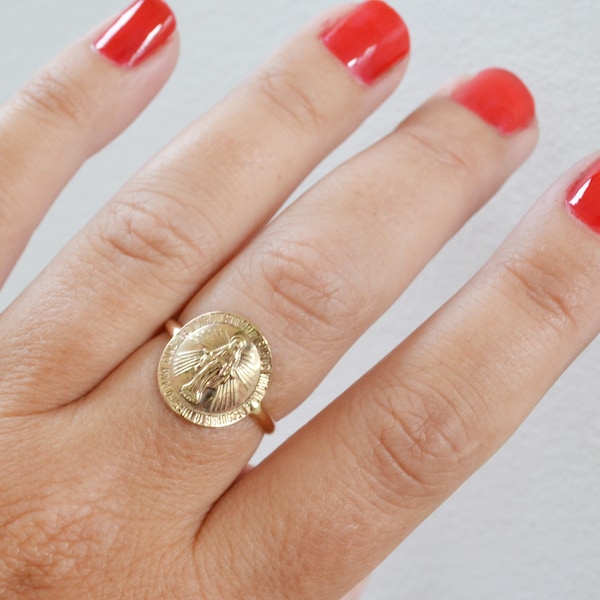 Gold Virgin Mary Ring, 14K Gold Filled Miraculous Medallion Coin Ring, Silver Religious Ring, Mother Mary Ring, Gold Filled Pinky Ring