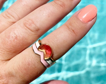 Coral Enamel Gemstone Ring, Enamel Cigar Band, 70's Jewelry, Gold Wide Band Ring, Gemstone Statement Ring, Boho Jewelry