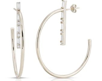Baguette Bar Hoop, CZ Hoop Earrings, Gold Gemstone Hoops, Baguette Earrings, Gold Earrings, Unique Earrings