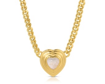 Moonstone Heart Curb Link Necklace, Gold Gemstone Heart Necklace, Thick Gold Chain Necklace, Gemstone Statement Necklace