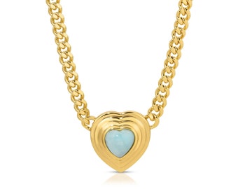 Larimar Heart Curb Link Necklace, 14K Gold Plated Brass