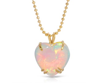 Welo Opal Puffy Heart Necklace, 10K Gold Opal Heart Necklace, Ethiopian Opal Pendant Necklace, Prong Set Gemstone Necklace