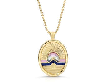 Sunrise Lavender Enamel Gemstone Pendant Necklace, Gold Oval Charm Necklace, Gold Medallion Necklace, Enamel Necklace