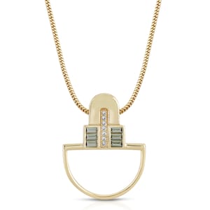 Green Century Arc Necklace, Art Deco Pendant, CZ Baguette Necklace, Gold Gemstone Layering Necklace, Geometric Pendant Necklace