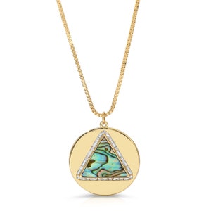 Abalone Triangle Necklace, Gold Triangle Pendant, Layering Necklace, Circle Necklace, Rocker Necklace, Shell Necklace