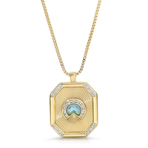 Daybreak Gem Necklace, Turquoise Gemstone Boho Medallion Necklace,  Gold Charm Necklace, Gold Tag Necklace, Gemstone Pendant