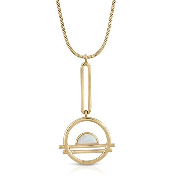 Opal Pendulum Necklace, Opal Pendant Necklace, Geometric Circle Necklace, Drop Chain Necklace, Spring Trend Jewelry