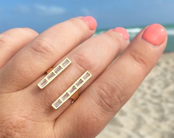 Baguette Double Bar Ring, Adjustable Parallel Bar Ring, Rectangle CZ Gold Ring, Open Ring, Gold Statement Ring, Geometric Ring