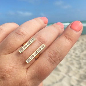 Baguette Double Bar Ring, Adjustable Parallel Bar Ring, Rectangle CZ Gold Ring, Open Ring, Gold Statement Ring, Geometric Ring