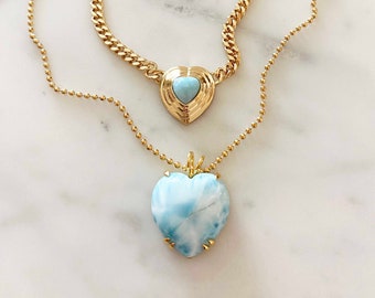 Larimar Puffy Heart Necklace, 10K Gold Gemstone Prong Set Heart Necklace, Silver Larimar Statement Necklace