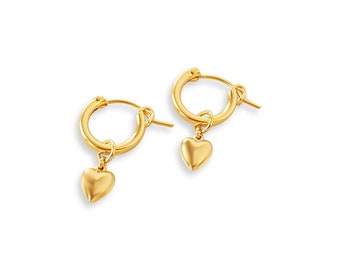 Heart of Gold Huggie Hoops, Valentine's Day Gift for Her, 14K Gold Filled Heart Charm Earrings, Small Gold Hoop Earrings