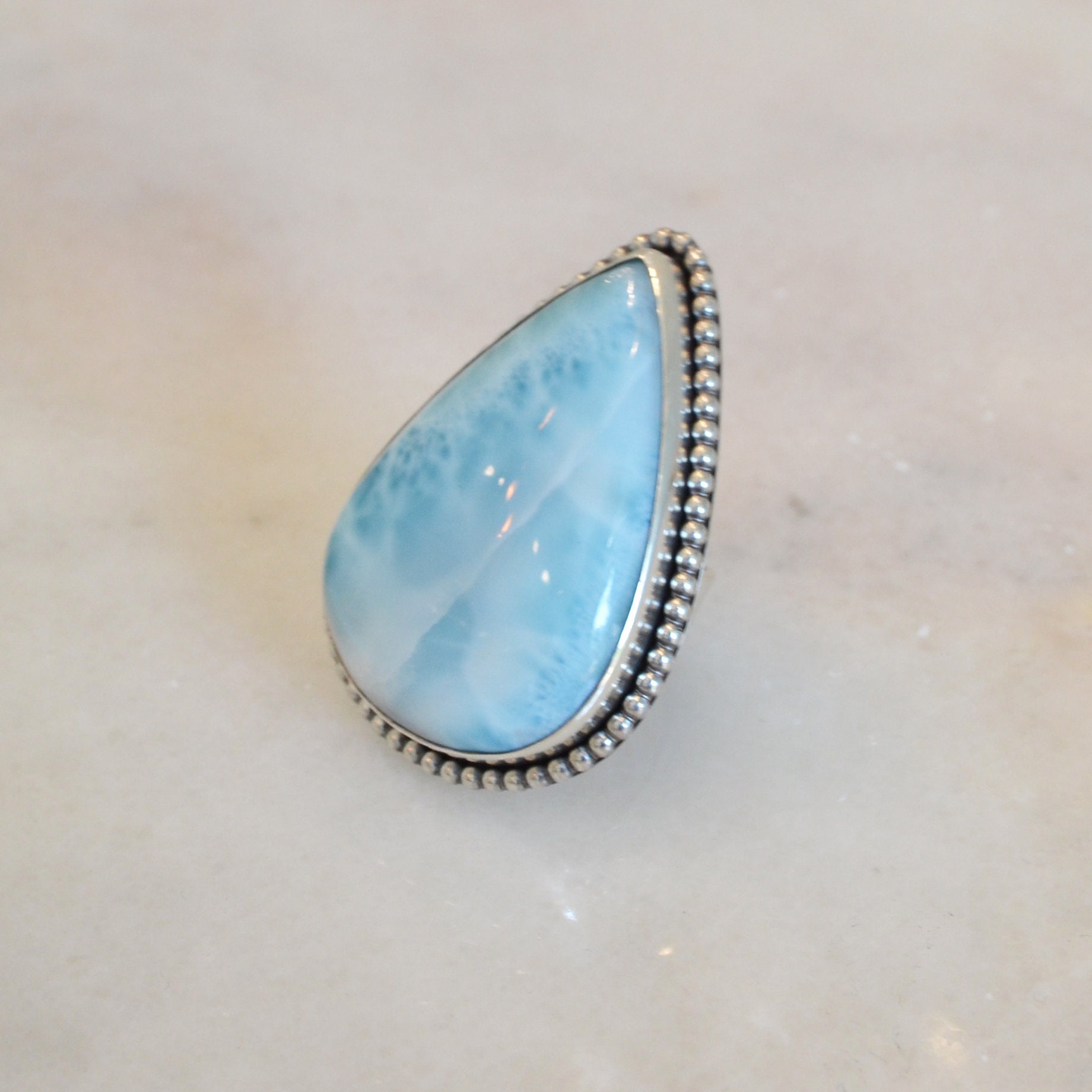 Handmade Oval Larimar Ring – 925 Sterling Silver, Bezel Set, Blue Gemstone, All Sizes MO991