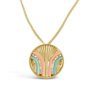 Mint and Coral Enamel Necklace, Gold Pastel Coin Necklace, Textured Gold Pendant, Enamel Jewelry, Spring Trend Jewelry