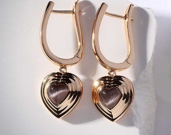 Black Heart Hoop Earrings, Gemstone Vintage Heart Earrings, Gold Heart Charm Hoops, Gold U Earrings, Black Tiger's Eye Earrings