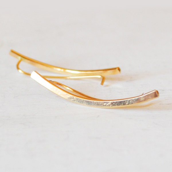 Minimalist Gold Ear Climber Earrings, Simple Ear Crawler, Long Curved Bar Earring, Gold Filled Ear Cuff