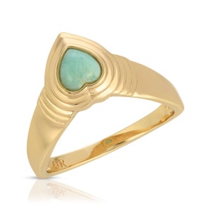 Heart of Stone Larimar Ring, Larimar Heart Ring, Gold Chevron Ring, V Ring, Art Deco Ring, Gemstone Stacking Ring, Boho Gold Ring