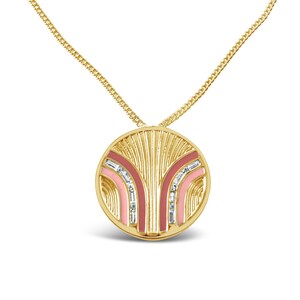 Cinnamon and Coral Enamel Necklace, Pastel Circle Necklace, Textured Gold Coin Pendant, Enamel Jewelry, Spring Trend Necklace