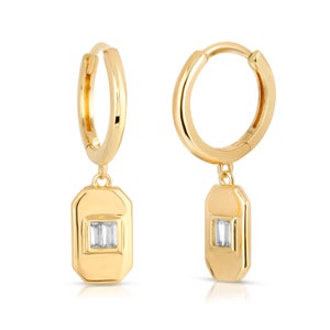 Gold Charm Hoop Earring, Small Huggie Hoop with CZ Baguette, Minimalist Gold Hoop, Gold Art Deco Earrings