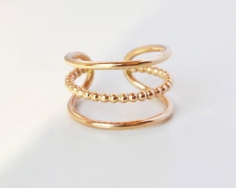 Beaded Orbit Cage Ring, Gold Triple Band Ring, Adjustable Cuff Ring, Gold Filled Three Band Ring, Sterling Silver Coil Ring, Open Cuff Ring