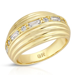 Gold Dome Ring, Clear CZ Baguette Gold Band Ring, Wide Gold Ring, Thick Band Ring, CZ Gemstone Ring