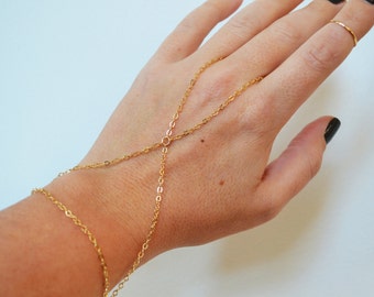 14K Gold Hand Chain, Finger Bracelet, Chain Ring Bracelet- Gold Filled, Rose Gold Filled, or Sterling Silver