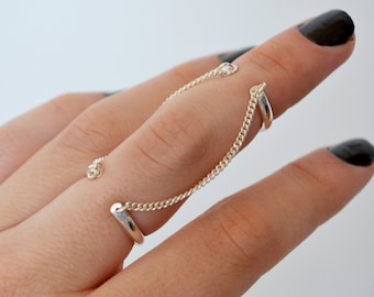 Open Cuff Double Chain Ring, Sterling Silver Connected Knuckle Ring, Silver Midi Ring, Finger Chain Ring, Handcuff Ring, Engraving Optional