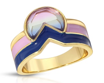 Purple Gemstone and Enamel Ring, Enamel Cigar Band, 70's Jewelry, Gold Wide Band Ring, Gemstone Statement Ring, Boho Jewelry