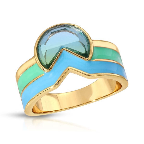 Turquoise Enamel Gemstone Ring, Enamel Cigar Band, 70's Jewelry, Gold Wide Band Ring, Gemstone Statement Ring, Boho Jewelry