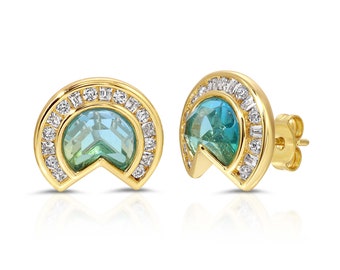 Daybreak Gem Studs in Hemelsblauw, Turquoise Quartz Edelsteen Stud Oorbellen, Ronde Stenen Post Oorbellen met Baguettes