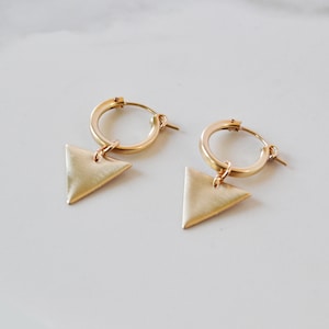 Gold Triangle Huggie Hoop Earrings, Geometric Earrings, Small Gold Hoops, Charm Huggie Earrings, Gold Filled Earrings, Triangle Earrings