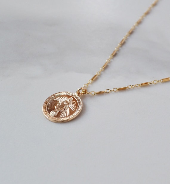 Gold Mary Coin Necklace Virgin Mary Necklace Gold Religious