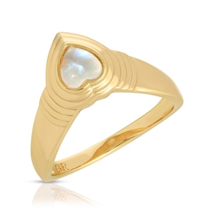 Heart of Stone Moonstone Ring, Moonstone Heart Ring, Gold Chevron Ring, V Ring, Art Deco Ring, Gemstone Stacking Ring, Boho Gold Ring