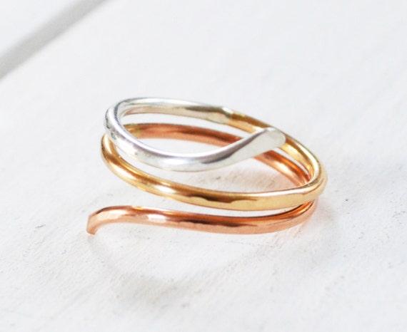 Rainbow Snake Ring 3 Metals In One Tri Color Spiral Ring Etsy