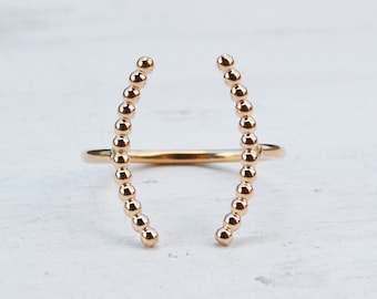 Anillo doble de oro laminado de 14k, arcos con cuentas, anillo llamativo ajustable de estilo bohemio.