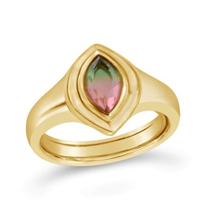 Watermelon Quartz Signet Ring, Gold Watermelon Tourmaline Statement Ring, Adjustable Signet Ring, Marquise Gemstone Ring