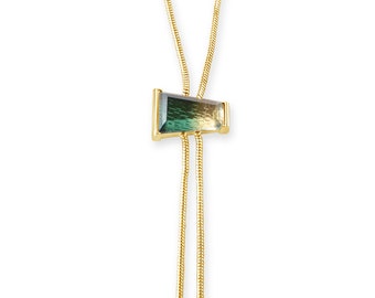 Green Quartz Bolo Tie Necklace,  Green Gemstone Lariat Necklace, Gold Snake Chain Necklace, Layering Necklace, Gold Y Necklace