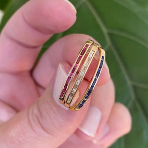 Ruby Baguette Suspension Hoops, Pavé Gemstone Huggie Hoop Earring, Curved Bar Earrings,  Ear Suspender,