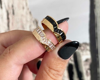 Black CZ Baguette Cigar Band Ring, Channel Set Silver Gemstone Wide Band Ring, Gold Statement Ring, Black and Gold Ring,