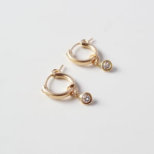 Gold CZ Huggie Earring, Small Hoop with Gemstone Charm, Gold Filled Huggie Hoop, Dangle Hoop, Gold Charm Hoops
