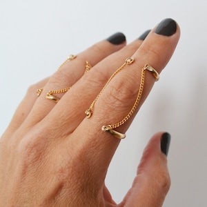 Open Cuff Double Chain Ring, Gold Filled Connected Knuckle Ring, Gold Midi Ring, Finger Chain Ring, Handcuff Ring, Engraved Ring Option