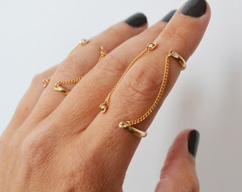 Open Cuff Double Chain Ring, Gold Filled Connected Knuckle Ring, Gold Midi Ring, Finger Chain Ring, Handcuff Ring, Engraved Ring Option