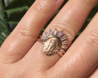 Mały pierścień Maryi, pierścień z Maryją Dziewicą ze srebra próby 925, pierścień z cudownego metalu, pierścień religijny wypełniony 14-karatowym złotem