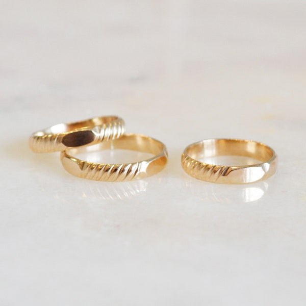 Textured Gold Filled Band Ring, Simple Gold Stacking Ring, 4mm Wide 14K Gold Filled Patterned Ring, Engraving Optional