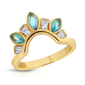 Turquoise Gemstone Arc Ring, Curved Band Ring, Gold Baguette Gemstone Ring, Stacking Band, Blue Green Multi-Stone Ring