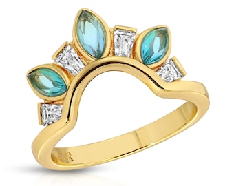 Turquoise Gemstone Arc Ring, Curved Band Ring, Gold Baguette Gemstone Ring, Stacking Band, Blue Green Multi-Stone Ring